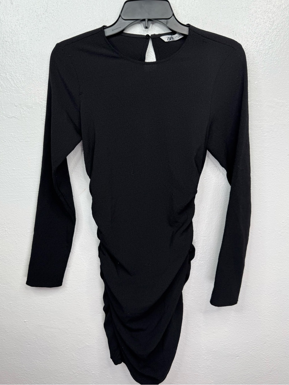 ZARA Dress Womens S Black Ruched Bodycon Mini Long Sleeve Keyhole Back